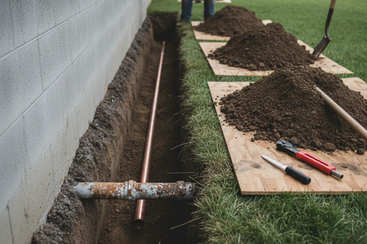 Excavated water line trench during Water Heater Repair in Chalk Hill